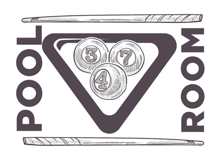 Poolroom logo monochrome sketch outline vector. Sport game, tournament and entertainment. Royal kind of gambling, billiard play with balls and cue, hobby and mens leisureのイラスト素材