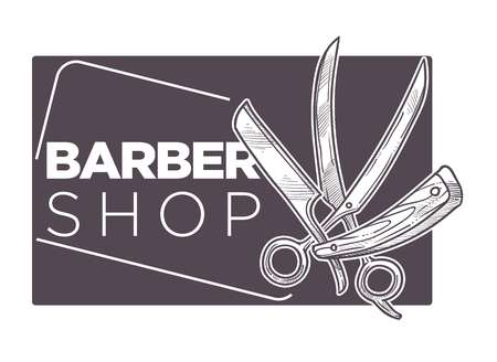Barber shop label, isolated monochrome sketch outline service for men vector. Cutting beard and hair, hairdos for gentleman, scissors and award of best hairdressers place. Vintage style of logotypeのイラスト素材