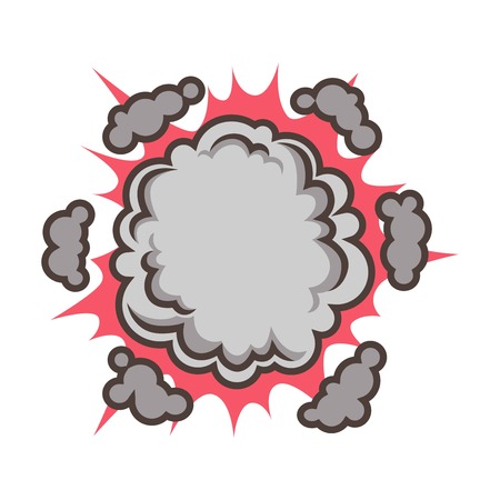 Small red explosion with clouds isolated vector illustration on white background. Cartoon effect of...