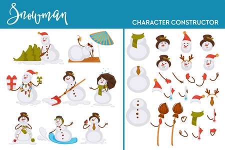 Snowman character construction winter holiday and Christmas design vector man made of balls of snow wearing traditional Santa Claus hat having carrot nose working with shovel presents in hands.のイラスト素材