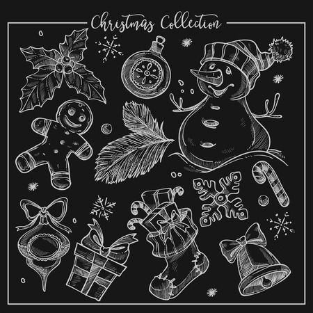 Christmas collection of symbolic traditional elements monochrome sketch outline vector. Snowman with carrot nose, mistletoe plant leaf, snowflakes and watch. Bell and gingerbread man characterのイラスト素材