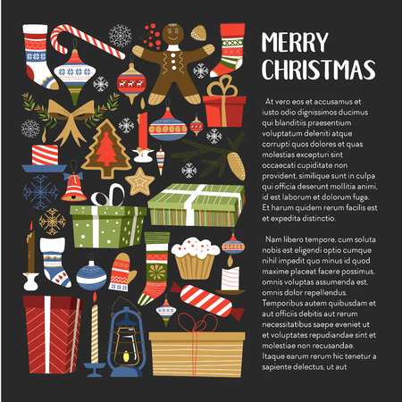 Merry Christmas presents and symbols of winter holiday vector gifts and socks baubles and stars gingerbread cookie in form of man and pine spruce decoration bows and candy sticks lollipop set.のイラスト素材