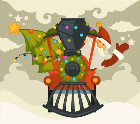 Christmas holiday preparation Santa Claus with evergreen tree riding old locomotive vector winter character driving steam train holding decorated fir spruce snowfall and cold weather outside.のイラスト素材
