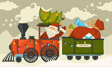 Christmas holiday preparation Santa Claus with evergreen tree riding old locomotive vector winter character driving steam train holding decorated fir spruce snowfall and cold weather outside.のイラスト素材