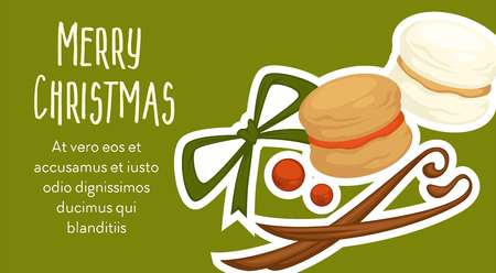 Merry Christmas winter season holiday celebration sweets and snacks on event vector cinnamon stick bow made of ribbon and cookies with mistletoe traditional berries text sample and greetings.のイラスト素材
