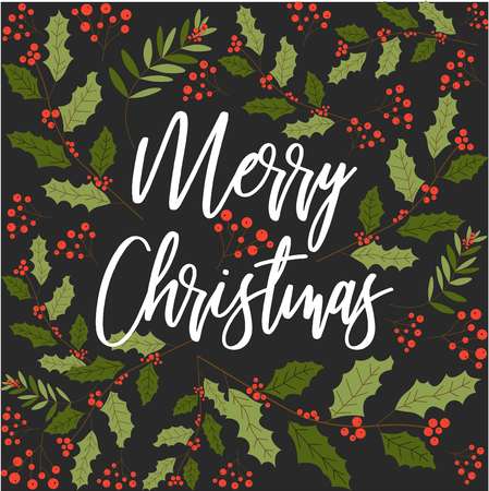 Merry Christmas happy New Year, mistletoe seamless pattern vector. Poster with greeting text and symbolic winter holiday plant with leaves and red berries. Foliage and frondage of vegetationのイラスト素材