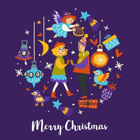 Merry Christmas winter holiday greeting and celebration banner vector people man and woman in snow blizzard angel flying with harp presents and bird baubles and stars of evening sky bells time.のイラスト素材