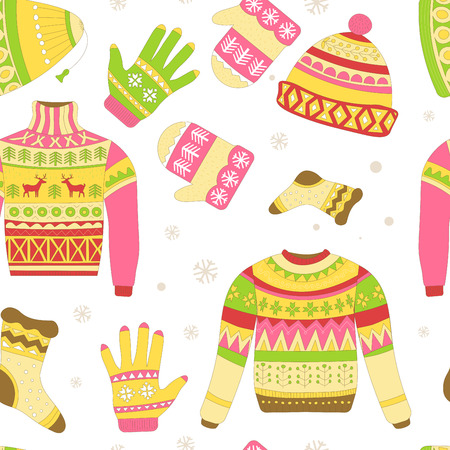Knitted sweaters and warm winter hat seamless pattern isolated on white background vector. Snowflakes and reindeer symbolic animal of Christmas holidays prints. Ornaments and animalistic elementsのイラスト素材