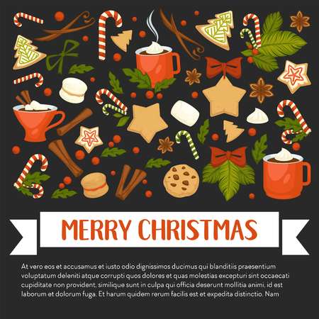 Merry Christmas winter holiday concept symbolic images wreath and gingerbread cookies in form of pine and star cinnamon stick and chocolate cup with hot beverage coffee and candies mistletoe.のイラスト素材