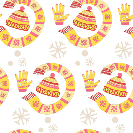 Knitted sweaters and warm winter hat seamless pattern isolated on white background vector. Snowflakes and reindeer symbolic animal of Christmas holidays prints. Ornaments and animalistic elementsのイラスト素材