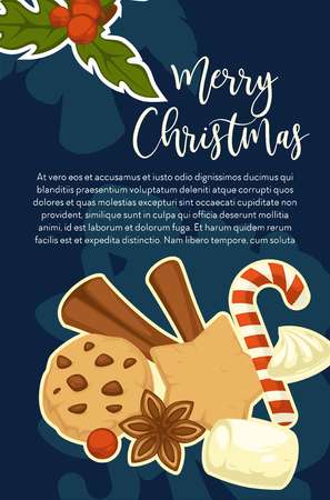 Merry Christmas and happy New Year symbolic images vector cup with hot beverage and cinnamon sticks aromatic species cookies made of gingerbread and mistletoe plant with marshmallow melting.のイラスト素材