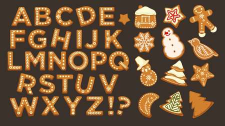 Happy holidays, Christmas abc letters font, graphic design vector. Signs in form of bakery with ginger, gingerbread man and star, house and pine tree, cookies set. Celebration alphabetical iconsのイラスト素材