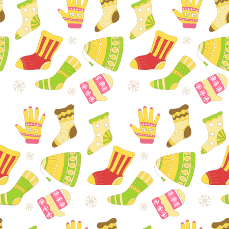 Knitted sweaters and warm winter hat seamless pattern isolated on white background vector. Snowflakes and reindeer symbolic animal of Christmas holidays prints. Ornaments and animalistic elementsのイラスト素材