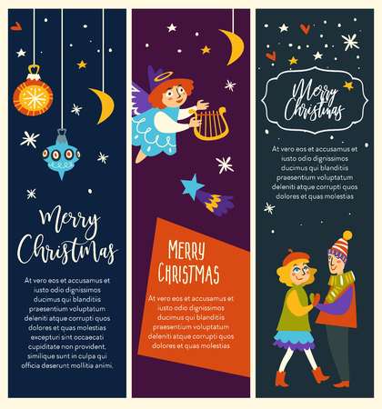 Merry Christmas couple man and woman dancing together vector pair in love angelic girl with harp flying above people in love snowing weather blizzard and shooting stars starry night and baubles.のイラスト素材