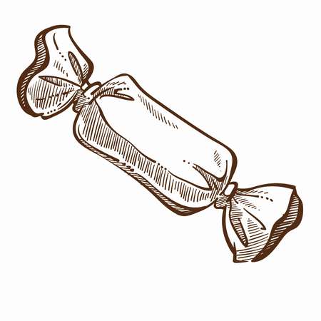 Candy wrapped in paper sweet food isolated icon vector monochrome sketch outline of food with sugar additional chocolate dessert on holidays as present gift and eating meal for kids treatment.のイラスト素材