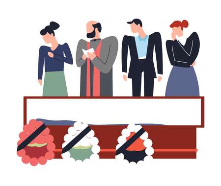 Funeral service people standing above deceased dead person vector corpse in coffin wreath made of flowers and ribbons relatives and friends gather for last day crying women and sad man in black.のイラスト素材