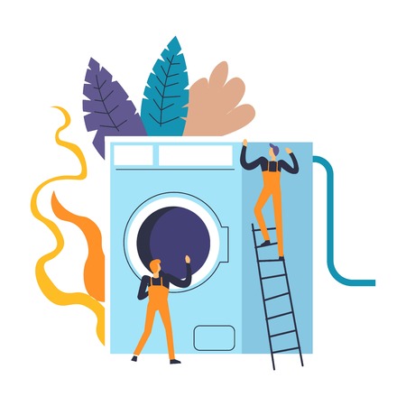 Washing machine people professional experts dealing with problems vector plumbers fixing damage at home device and home appliances breakdown service of handymen foliage and floral decor.のイラスト素材