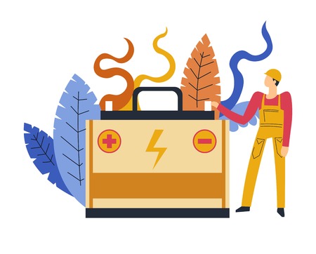 Electrician service person standing by big battery with minus and plus signs vector male specialist dealing with energetic problems and power accumulation foliage and leaves decoration agency.のイラスト素材