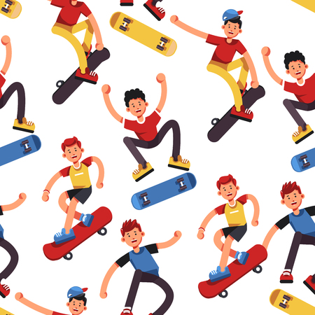 Boy skater seamless pattern teenagers on skateboards sport and outdoor activity sneakers and skates jump and ride male characters in cap and shorts extreme children or kids endless texture vector.のイラスト素材