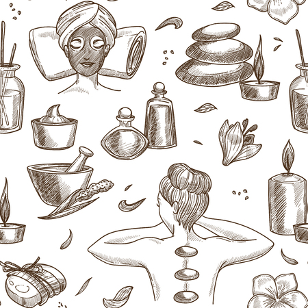 Spa salon services sketch seamless pattern woman beauty procedure girl with mask and towel on pillow pebble and candle oil in bottles and creams massage with hot stones aroma plants and soap vector.のイラスト素材
