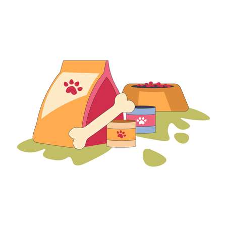 Pets food bowl pack and bone canned meal isolated icon dogs and cats dish dry nutrition health domestic animal feeding items in containers veterinary care objects meat flavor and taste vector.のイラスト素材