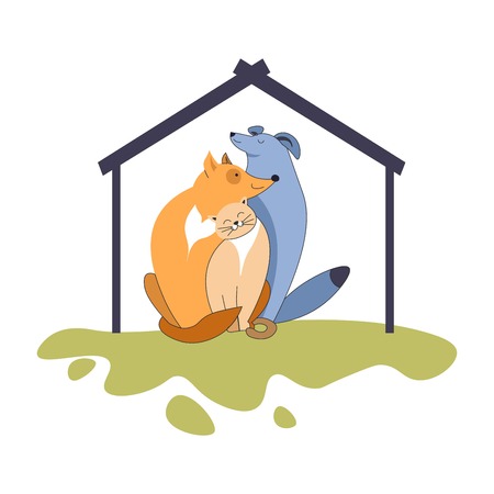 Dogs and cat friendly pets and doghouse on lawn isolated icon domestic animals family and love backyard construction house domesticated species fauna kitten and puppy hugs and embraces vector.のイラスト素材