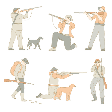 Hunters holding guns and weapons hunting with dogs vector people walking with canine pet helping in hobby catching victim and target shotgun and ammunition of men rural activity of brave people.のイラスト素材