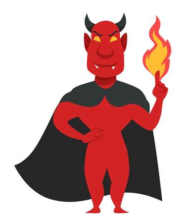 Devil evil male creature holding flames in hand vector. Character with red skin wearing gown having horns and long vampire teeth. Personage with fire burning on finger cunning demon satan artのイラスト素材