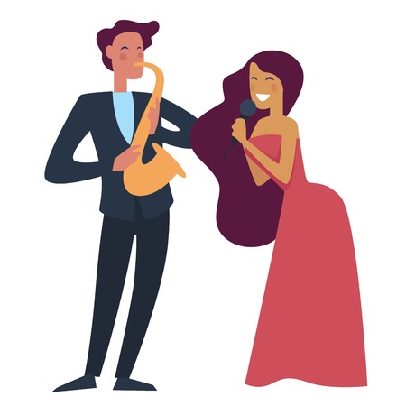 Male playing on trumpet wind pipe instrument musician vector. Man and woman giving performance together lady singer holding microphone. Vocalist with mike on musical concert talented coupleのイラスト素材