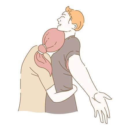 Couple enjoying time spent together lady and gentleman vector man and woman hugging person stretching arms in cuddling boyfriend and girlfriend on date dating people romantic day hand drawn isolated.のイラスト素材