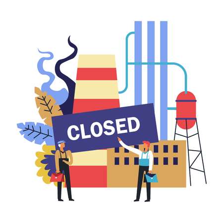 Closing of the factory, workers standing near work premises with closed sign, labor force losing their job, surrounded by colorful floral greenery, foliage, recession consequence, graphic flat concept vector illustration on white backgroundのイラスト素材