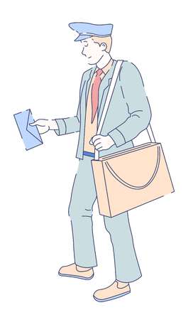 Delivery fast service postman with bag and letter envelope vector mailman or post officer in uniform and cap carrying correspondence and mail or post profession and job isolated male character.のイラスト素材