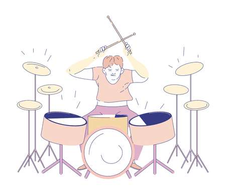 Drum player rock band musician isolated male character vector player with sticks drummer man playing musical instrument percussion rocker perform at concert live music sound show entertainment.のイラスト素材