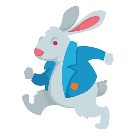 Alice in Wonderland character white rabbit in jacket vector isolated animal bunny in clothes from childish book fantastic creature fairy animalistic personage running or hurring literary work.のイラスト素材