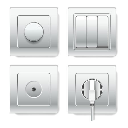 Sockets and electric plug outlets vector 3D realistic icons of different plug types with two or three inlets and groundingのイラスト素材