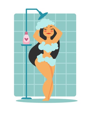 Woman in foam taking shower washing hairのイラスト素材