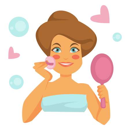 Beauty procedure woman in towel washing face with sponge or pad and mirror vector face care girl applying tonic or lotion in bathroom hearts and bubbles beauty and skincare isolated female character.のイラスト素材