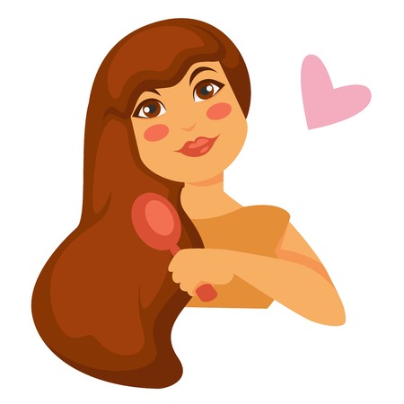 Hair care woman with hairbrush hairstyle and beauty procedure vector girl do daily morning routine female appearance and hygiene or cleanliness brush tool or comb isolated character and heart.のイラスト素材