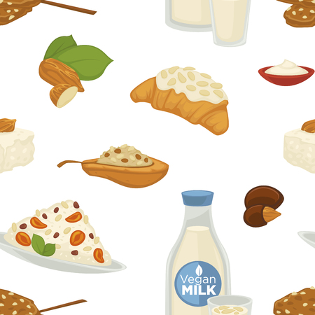 Vegan milk, dairy products and bakery sweets food vector. Seamless pattern isolated on white background, plate served with salad and sauce, hazelnut and glass with organic beverage. Healthy mealのイラスト素材