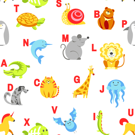 Alphabet animals and letters study material for children vector. U for unicorn, dog and hedgehog, mouse and cat, fish and turtle, snail and alligator. Seamless pattern with abc for small kids to learnのイラスト素材