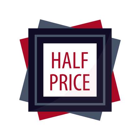 Exclusive sale sign on bright rectangular red promotional banner with thick navy ribbon, orange direction pointer at bottom and dotted frame isolated flat vector illustrationのイラスト素材