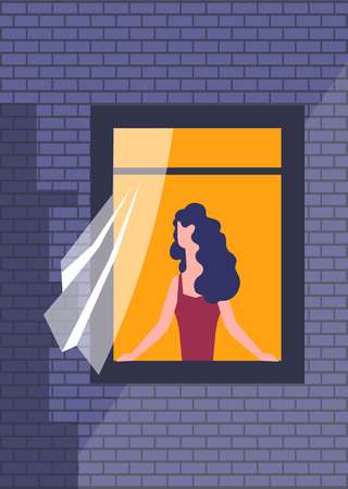 Woman in window with curtain night time brick wallのイラスト素材