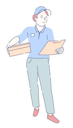 Delivery service mailwoman in uniform with parcel box and notepad vector post or mail shipping and transportation order takeaway food courier postwoman worker isolated female character with container.のイラスト素材