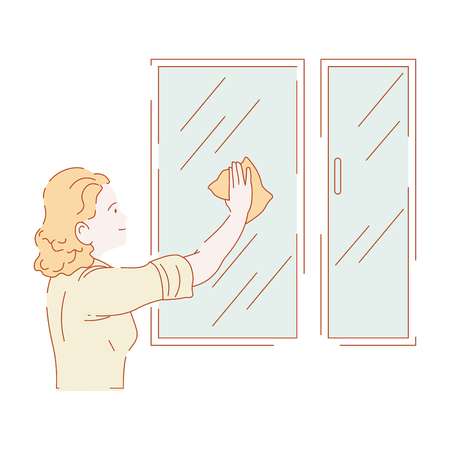Woman washing windows or wiping glass houseworkのイラスト素材