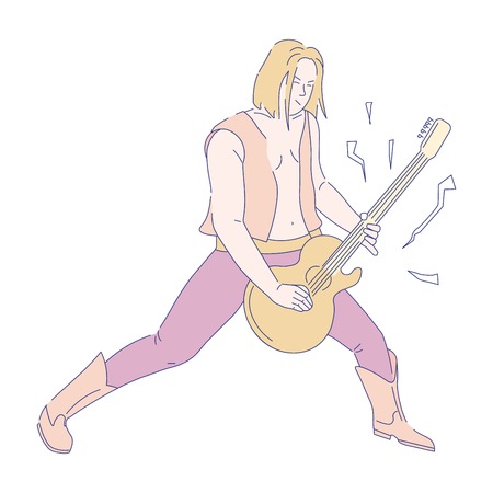 Rocker playing electric guitar rock musician vector player with string musical instrument guitarist in vest and cowboy boots live music sound concert player striking sparks isolated male character.のイラスト素材