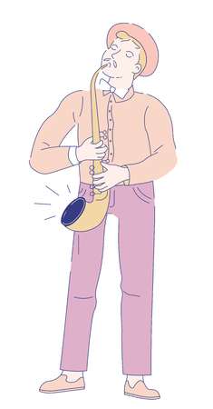 Saxophonist musician with golden saxophone jazz music concert vector player with wind musical instrument man with mustache in hat and bowtie live sound performance or show isolated male character.のイラスト素材
