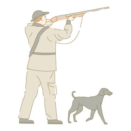 Hunter with dog aiming gun shooting birds huntingのイラスト素材