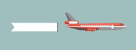 Old-fashioned red monoplane with big propeller and long blank white stripe for advertisement attached to tail of craft isolated vector illustration on turquoise background. unusual way to promote.のイラスト素材