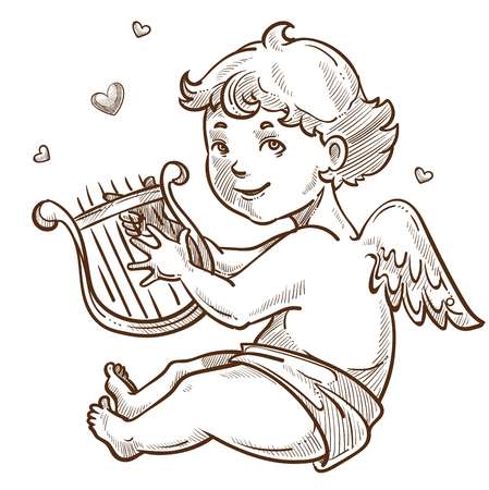 Angel with harp and wings cupid Valentines dayのイラスト素材