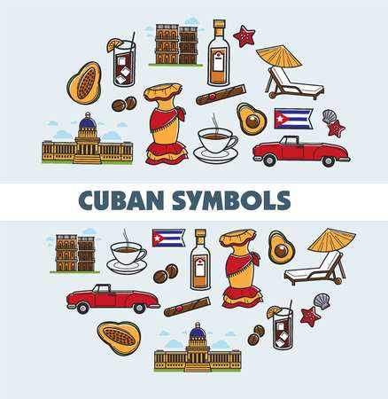 Travel to Cuba promo poster with national symbols. Architectural symbols, red cabriolet, fragrant coffee, famous rum, natural cigar, female dress, exotic fruits and soft recliner vector illustrations.のイラスト素材